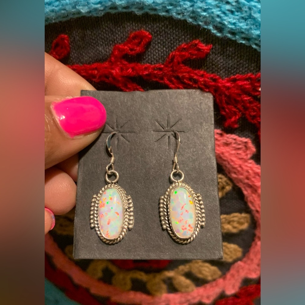 Native American Navajo Sterling Silver Opal Hook Dangle Earrings